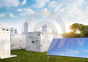 Amount of energy storage systems or battery container units with solar and turbine farm