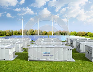 Amount of energy storage systems or battery container units with solar and turbine farm