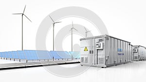 Amount of energy storage systems or battery container units with solar and turbine farm