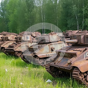 Amount of old rusty abandoned crashed panzers standing in summer meadow. war concept