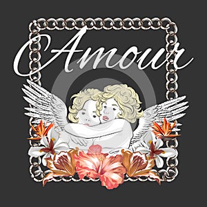 Amour. Vector  hand drawn  illustration of hugging cupids .