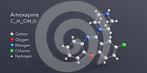 amoxapine molecule 3d rendering, flat molecular structure with chemical formula and atoms color coding