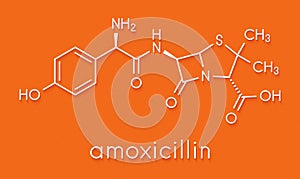 Amoxicillin beta-lactam antibiotic drug molecule. Skeletal formula.