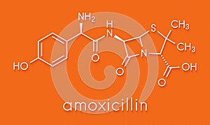 Amoxicillin beta-lactam antibiotic drug molecule. Skeletal formula. photo