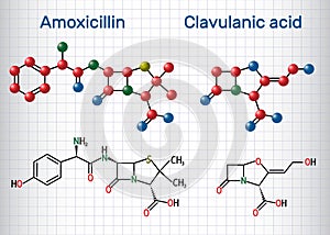 Amoxicillin and clavulanic acid drug molecule. Combination is an antibiotic useful for the treatment of bacterial infections.