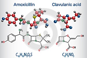 Amoxicillin and clavulanic acid drug molecule. Combination is an antibiotic useful for the treatment of a number of bacterial