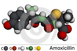 Amoxicillin drug molecule. It is beta-lactam antibiotic. Molecular model. 3D rendering photo