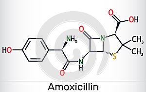 Amoxicillin drug molecule. It is beta-lactam antibiotic. Skeletal chemical formula photo