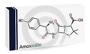 Amoxicillin drug molecule. It is beta-lactam antibiotic. Skeletal chemical formula. Paper packaging for drugs photo