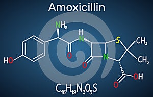 Amoxicillin drug molecule. It is beta-lactam antibiotic. Structural chemical formula on the dark blue background photo