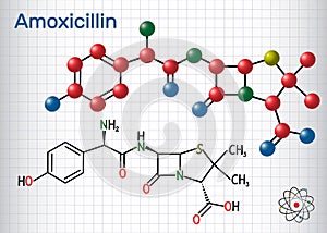 Amoxicillin drug molecule. It is beta-lactam antibiotic. Structural chemical formula and molecule model. Sheet of paper in a cage photo