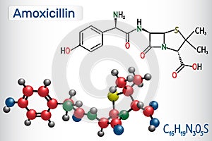 Amoxicillin drug molecule. It is beta-lactam antibiotic. Structural chemical formula and molecule model photo
