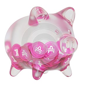 Amp (AMP) Clear Glass piggy bank with decreasing piles of crypto coins.