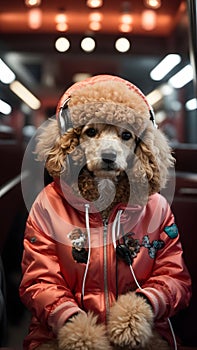 Amped Up Attire: Poodle\'s Sporty Outfit and Headphones Define Canine Vogue