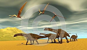 Ampelosaurus and Anhanguera Flying Pterosaurs