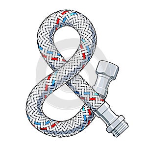 Ampersand mark made up of curved braided hydraulic hose with faucet connector screws. Vector isolated illustration with editable