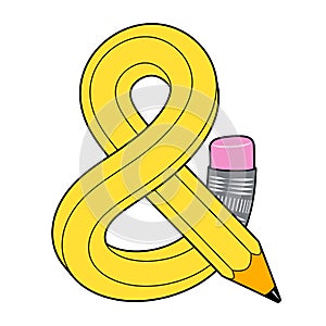 Ampersand mark made up of curved pencil with pink eraser. Vector isolated flat illustration with editable strokes