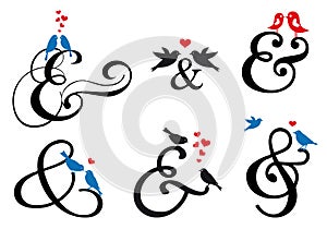 Ampersand sign with birds, vector set