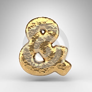 Ampersand symbol on white background. Hammered brass 3D sign with shiny metallic texture