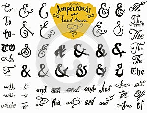 Ampersands and Catchwords hand drawn set for Logo and Label Designs. Vintage Style Hand Lettered symbols collection isolated on wh