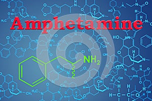 Amphetamine chemical formula, molecular structure. 3D rendering