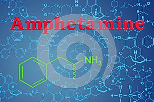 Amphetamine chemical formula, molecular structure. 3D rendering photo