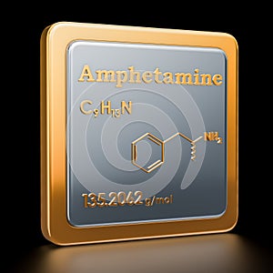 Amphetamine. Icon, chemical formula, molecular structure. 3D rendering