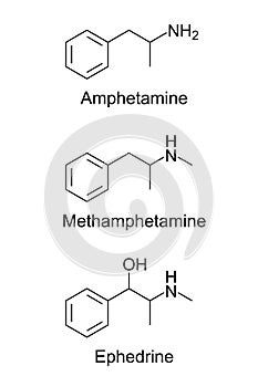 Amphetamine, Methamphetamine and Ephedrine, chemical structures