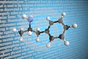 Amphetamine scientific molecular model, 3D rendering