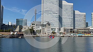 An amphibious bus Sky Duck of Minato Mirai, enter the water with tourists on board