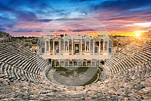 Amphitheater in ancient city of Hierapolis at sunset, Pamukkale in Turkey