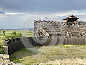 Amphitheater in the Viminacium Archaeological Park or Reconstruction of the amphitheater of the Roman city Viminatium