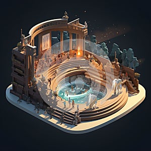 Amphitheaters outdoor theaters for live performances with stages audiences lively 3D isometric AI