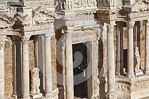 Amphitheatre classic columns in Hierapolis archeology landmark. Pamukkale, Turkey