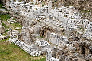 Amphitheatre and ornate marble ruins in the ancient city of Side, Antalya