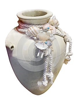 Amphora from Greece with shells on a white background