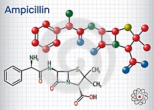 Ampicillin drug molecule. It is beta-lactam antibiotic. Sheet of paper in a cage. Structural chemical formula and molecule model