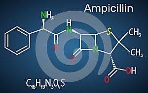 Ampicillin drug molecule. It is beta-lactam antibiotic. Structural chemical formula on the dark blue background photo