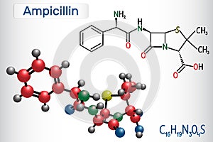 Ampicillin drug molecule. It is beta-lactam antibiotic. Structural chemical formula and molecule model photo