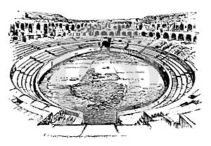 Ampitheater of Nimes France open to air venue used for entertainment vintage engraving