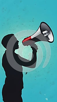 Amplified message person holds megaphone, casting bold shadow