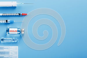 Ampoule bottle with insulin, needles and syringes for medical subcutaneous injection