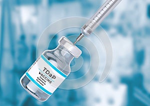 Ampoule and syringe TDaP vaccine composed of tetanus, diphtheria and pertussis in the laboratory
