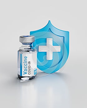 Ampoule vaccine from coronavirus with shield 3d render illustration on white