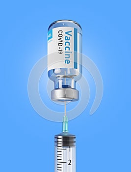 Ampoule with vaccine and syringe. 3d Render illustration