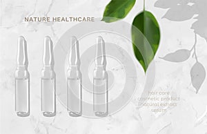 Ampoules and defocused leaves on marble background 3d realistic vector illustration, top view