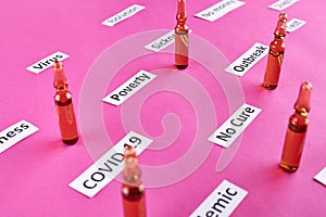 Ampoules with medicine and coronavirus, pandemic headline clipping words on pink background