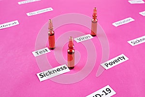 Ampoules with medicine and coronavirus, pandemic headline clipping words on pink background