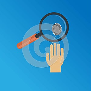 Human hand with fingerprint and magnifying glass, fingerprinting identification concept photo