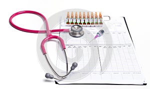 Ampule syringe and stethoscope